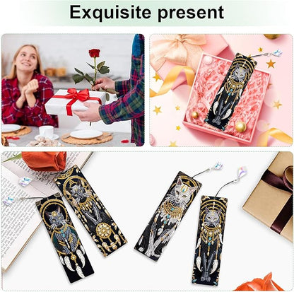 4-Piece Animal Diamond Painting Bookmarks Set for Adults – DIY 5D Rhinestone Art Bookmark Kits with Tassels, Beautiful Diamond Art Bookmarks for Crafts and Gifts, Dreamcatcher Cat