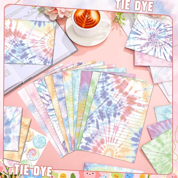 TaoBary 160 Packs Stationery Paper Set (50 Double Sided Stationery Writing Papers 50 Matching Envelopes) 60 Round Dot Sticker, 10 Design(Tie Dye,5.5 x 8.25 Inch)