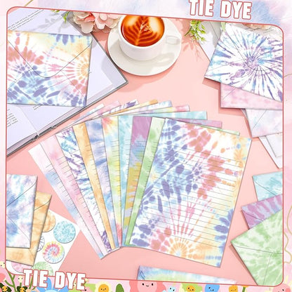 TaoBary 160 Packs Stationery Paper Set (50 Double Sided Stationery Writing Papers 50 Matching Envelopes) 60 Round Dot Sticker, 10 Design(Tie Dye,5.5 x 8.25 Inch)