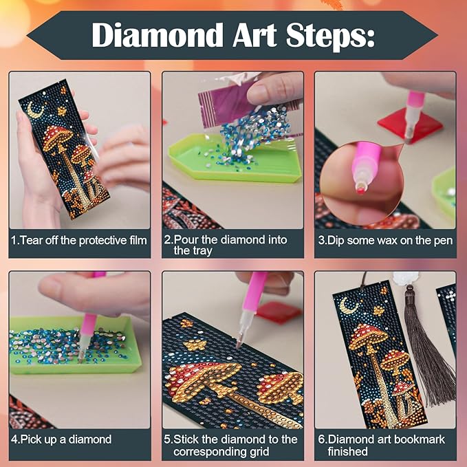 Anseal 3 Pcs 5D Diamond Bookmarks Painting for Book Lovers, Mushroom PU Leather Diamond Dotz Art Bookmark for Adults, Tassel Beaded Book Mark for Graduation Birthday Reading Present