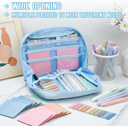 Jutom 39 Pcs Aesthetic Book Annotation Kit Pencil Case Bag with Highlighter Gel Pen 700 Sheets Transparent Sticky Notes Pads Index Tab Bible Study Supplies for School(Blue,Kawaii Style)