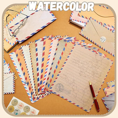 TaoBary 160 Packs Stationery Paper Set (50 Double Sided Stationery Writing Papers 50 Matching Envelopes) 60 Round Dot Sticker, 10 Design(Vintage Travel,8.5 x 11 Inch)