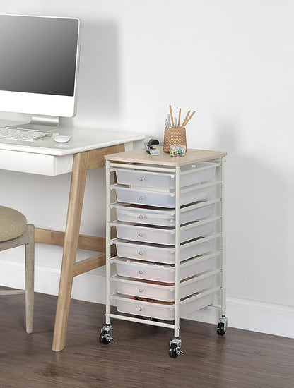 SunnyPoint Wooden Top Compact Rolling Storage 8 Drawers Organizer Mobile Utility Cart, Under Desk Storage Cart with Caster Wheels (Compact 8 Drawers, White)