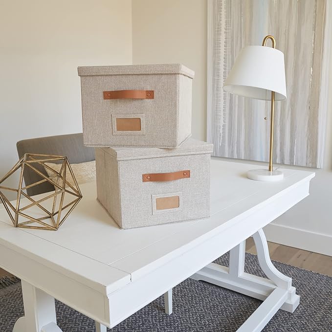 ZICOTO Decorative File Organizer Box Set of 2 - Collapsible Linen Filing Cabinets w/Handles Are Perfect to Store all Your Documents & Hanging File Folders - Portable Easy Slide Crates with Lid