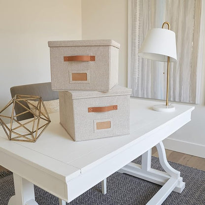 ZICOTO Decorative File Organizer Box Set of 2 - Collapsible Linen Filing Cabinets w/Handles Are Perfect to Store all Your Documents & Hanging File Folders - Portable Easy Slide Crates with Lid