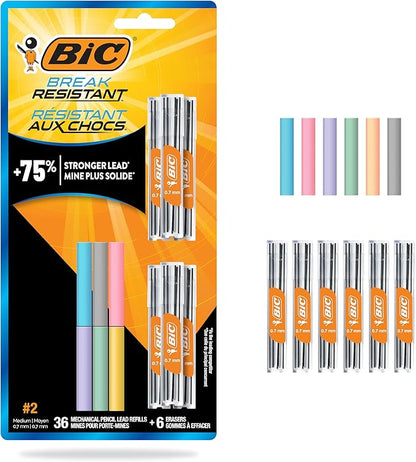 BIC Break Resistant Mechanical Pencil Lead and Eraser Refills, No. 2 Medium Point (0.7mm), 12-Count Refill Pack for School or Office Supplies