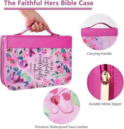 Bible Covers Case for Women Large Leather Bible Carrying Cases Holder Pink 10.8"x7.8"x2" Floral Bible Carrier Tote Bags with Bookmarks Handles Pockets Christian Study Bible Book Gifts