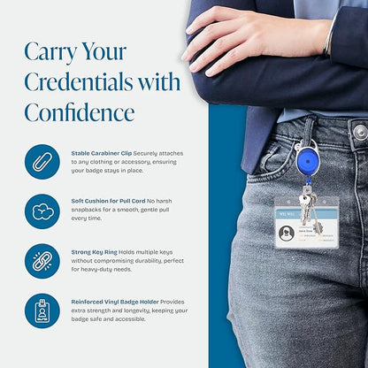 Will Well ID Badge Holders with Clip and Keyring - Horizontal Clear Plastic 3.7" x 2.5" Sleeves Fit Up to 3 Cards - Retractable 24" UHMWPE Fiber Pull Cords - 2-Pack, Transparent Blue Reels