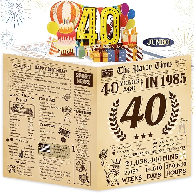 Funny 40th Birthday Card for Women Men, 3D Pop Up 40th Birthday Decorations for Her Him, Happy 40th Birthday Gifts for Husband Wife, Jumbo 40 Year Old Birthday Card, Review of 1985, Classy (8"x10")