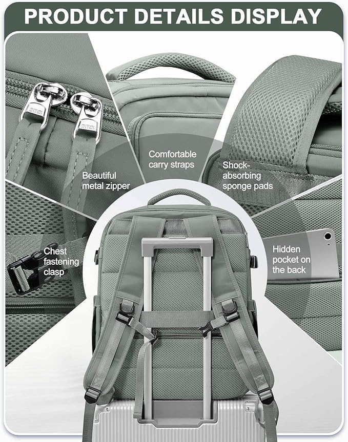 Large Travel Carry on Laptop Backpack for Women Men, Expandable Flight Approved Backpack, Waterproof Sports College bag Casual Daypack for Weekender Business Hiking with Shoe Compartment Light Green