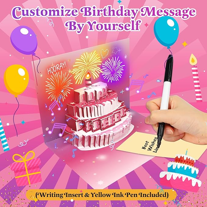 3D Pop-Up Firework Birthday Card with Lights & Music – Greeting Card for Women, Men, Kids Pink