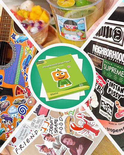 Lzerking Printable Vinyl Sticker Paper for Inkjet Printer - Matte White 60 Sheets Self-Adhesive Waterproof Decal Printable Sticker Paper - Standard Size 8.5x11 Inches