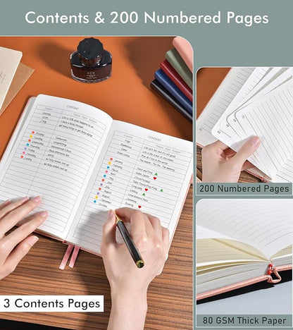Lined Journal Notebook for Men Women, 200 Numbered Pages Leather Hardcover Journal with Pen, A5 Journaling Notebooks, Thick Paper College Ruled Journals for Writing Work Business 5.75'' X 8.38'' Pink