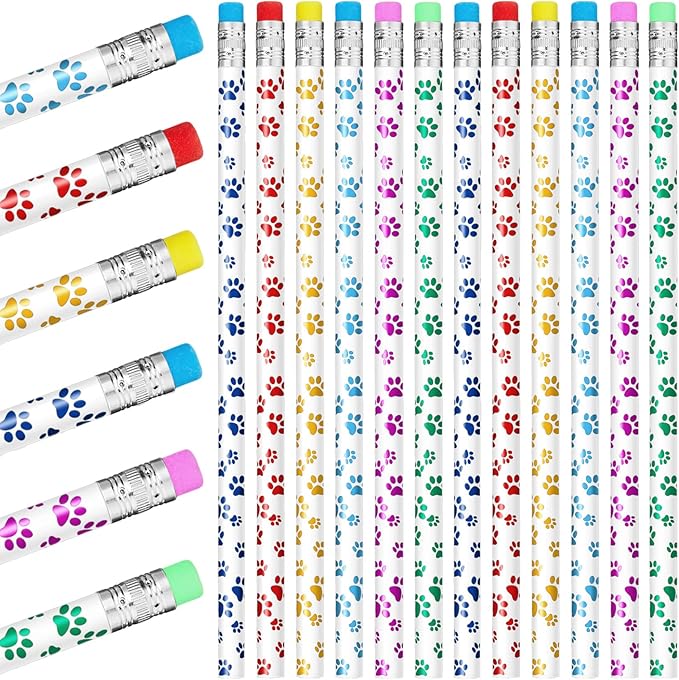 Chinco 36 Pieces Paw Print Pencils Dog Paw Wooden Writing Novelty Pencils with Erasers for Kids Doggy Party Favors Welcome Back to School Party Supplies, 6 Colors