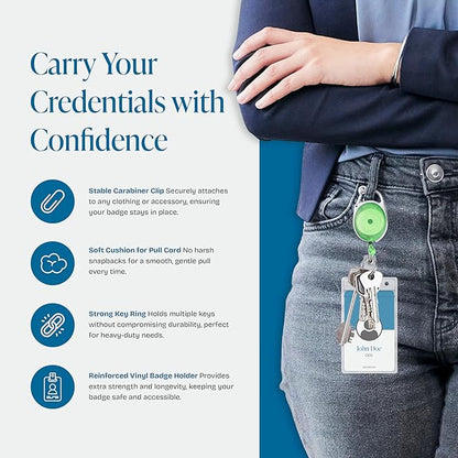 Will Well ID Badge Holders with Clip and Keyring - Vertical Clear Plastic 3.7" x 2.5" Sleeves Fit Up to 3 Cards - Retractable 24" UHMWPE Fiber Pull Cords - 2-Pack, Transparent Green Reels