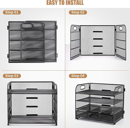 4-Tier Mesh Reader Desktop Accessory Storage,Desk File Organizer with A Sliding Drawer Two Pen Holders,Office Supplies Desk Organizer for Home Office