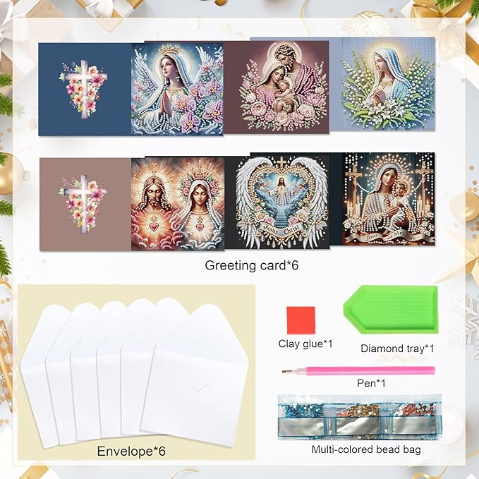 6 Pcs 5D Rhinestone Painting Greeting Cards Kits, Handmade Festival Greeting Cards with Envelopes Holographic Laser Effect DIY Diamond Art Crafts Birthday Cards for Birthdays Celebrations (Religion)