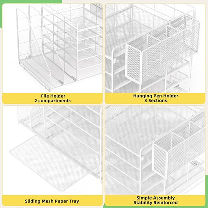 Desk Organizer, 6 Tier File Organizer Paper Tray with File Holder Pen Holder, Mesh Office Desk Accessories & Workspace Organizers (White)