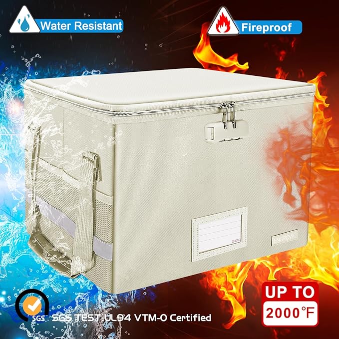 ENGPOW File Box with Lock, Fireproof Document Box with Zipper Lid,Collapsible File Storage Organizer Box Filing Box with Handle,Portable Home Office Safe Box for Hanging Letter/Legal Folder,Beige