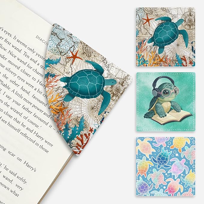 Cute Sea Turtle Corner Bookmarks, Funny Leather Book Accessories for Book Lovers, 3 Pcs Reading Book Page Markers for Women Men Student Teacher Girls Boys Kids Retirement Birthday Gifts