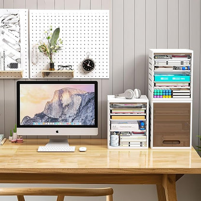 5 Tray Paper Organizer with Doors - Desktop File/Letter Organizer, Plastic Paper Sorter with Drawers for Office, Home or School - Dust-Proof Design