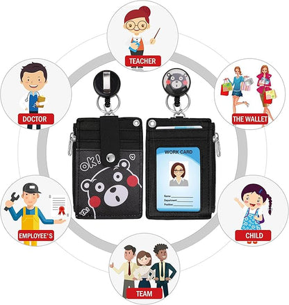 Cute ID Badge Holder Retractable Lanyard Reel Clip with Heavy Duty Carabiner, 5 Card Slots in 2 Sided with Key Ring and Zipper for Women Students Teens Girls Office Staff (Black OK Bear)