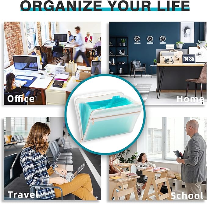 H4D 13 Pocket Expanding File Folder Organizer with Front Clear Pounch, Accordion File Organizer with Zipper Clourse, Fit for Letter Size Papers, Teal