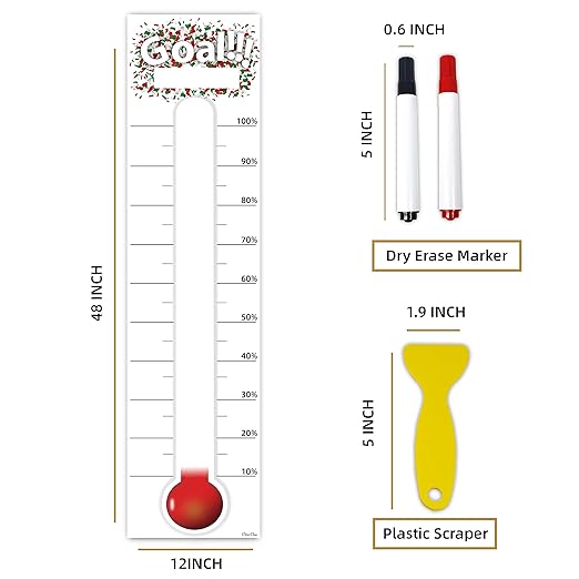 CLEVER CLEAN Goal Setting Fundrasing Thermometer - 48"x12" Dry Erase Self-Adhesive Goal Tracker - Poster Charts for Home, School and Office