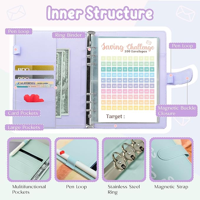 Axolotl 100 Envelopes Money Saving Challenge Binder, A5 Savings Budget Challenges Binders with Cash Envelopes, 100 Days Envelope Saving Binder Book, Budget Planner (Matt Purple)