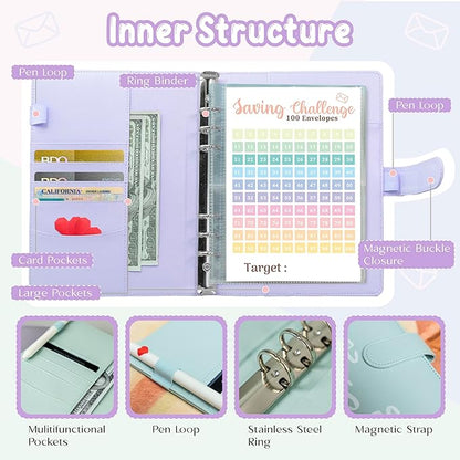 Axolotl 100 Envelopes Money Saving Challenge Binder, A5 Savings Budget Challenges Binders with Cash Envelopes, 100 Days Envelope Saving Binder Book, Budget Planner (Matt Purple)