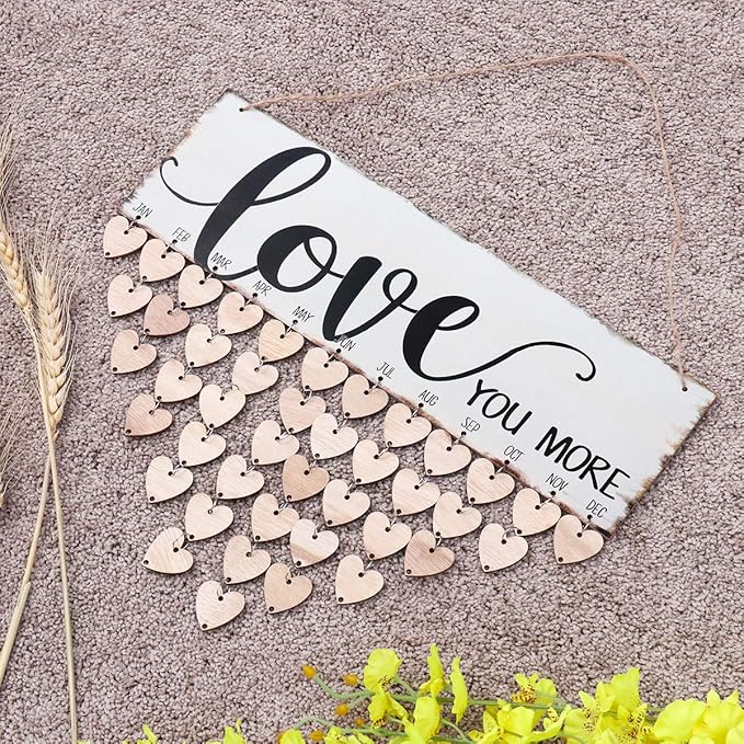 WINOMO Family Birthday Board Plaque DIY Hanging Wooden Birthday Reminder Calendar for Mom Dad Grandma Grandpa with 50pcs Wooden Hearts