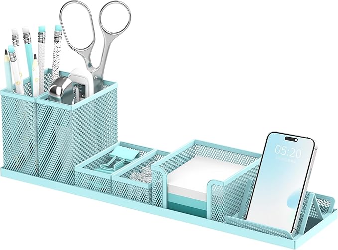 SUPEASY Pen Holder for Desk, 6 Piece Mesh Desk Organizer set, Desk Accessories for Office Organization with Mail Organizer, Letter Phone Holder, Sticky Notes Caddy Storage, Blue