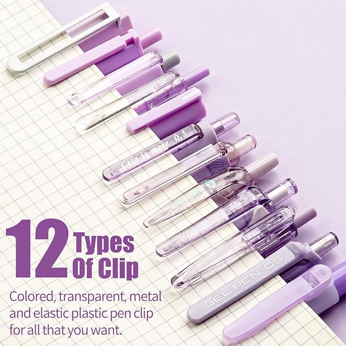 Four Candies 12Pack Pastel Gel Ink Pen Set, 11 Pack Black Ink Pens with 1Pack Highlighter for Writing, Retractable 0.5mm Fine Point Cute Note Taking Pens for School Office (Purple)