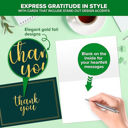 Decorably 24 Gold-Foiled Pack 6x4in Thank You Cards Green with Envelopes and Stickers, 6 Elegant Designs Thank You Cards with Envelopes Green, Blank Inside - Wedding, Holidays