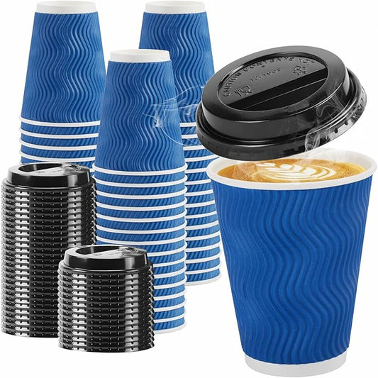 100 Pack Coffee Cups with Lids 12oz, Disposable Insulated Ripple Wall To Go Paper Coffee Cups for Hot/Cold Drinks Office Home Shop Event (Navy)