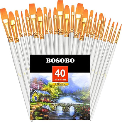 BOSOBO Paint Brushes Set, 4 Pack 40 Pcs Round Pointed Tip Paintbrushes Nylon Hair Artist Acrylic Paint Brushes for Acrylic Oil Watercolor, Face Nail Art, Miniature Detailing & Rock Painting, White