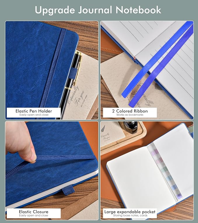 Lined Journal Notebook for Men Women, 200 Numbered Pages Leather Hardcover Journal with Pen, A5 Journaling Notebooks, Thick Paper College Ruled Journals for Writing Work 5.75'' X 8.38'' Navy Blue