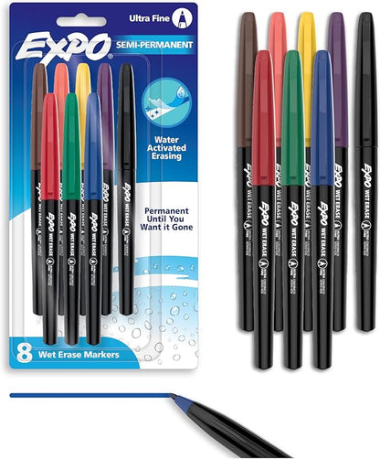 EXPO Vis-a-Vis Wet Erase Marker Set, Fine Tip, Assorted Colors, 8 Count