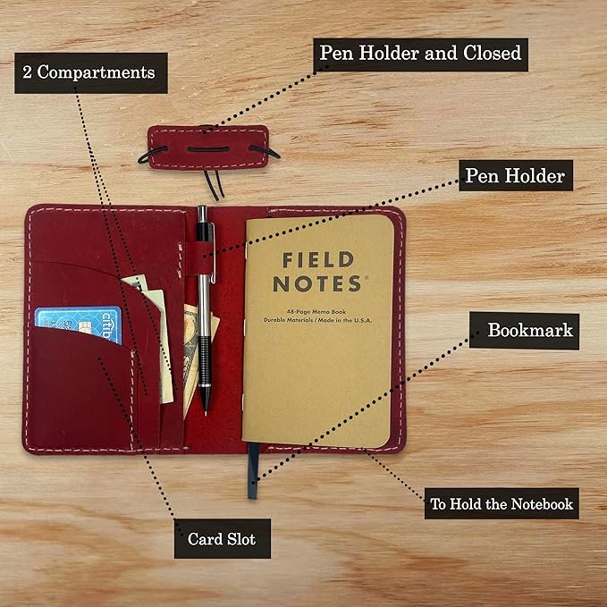 Leather Cover for Field Notes, Passport Cover, Leather Notebook Cover for 3.5" x 5.5" with Pen Holder, Only Cover (Red)