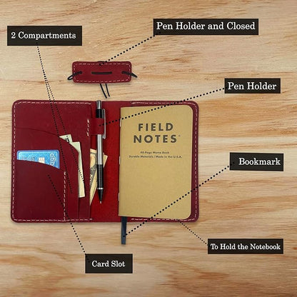 Leather Cover for Field Notes, Passport Cover, Leather Notebook Cover for 3.5" x 5.5" with Pen Holder, Only Cover (Red)