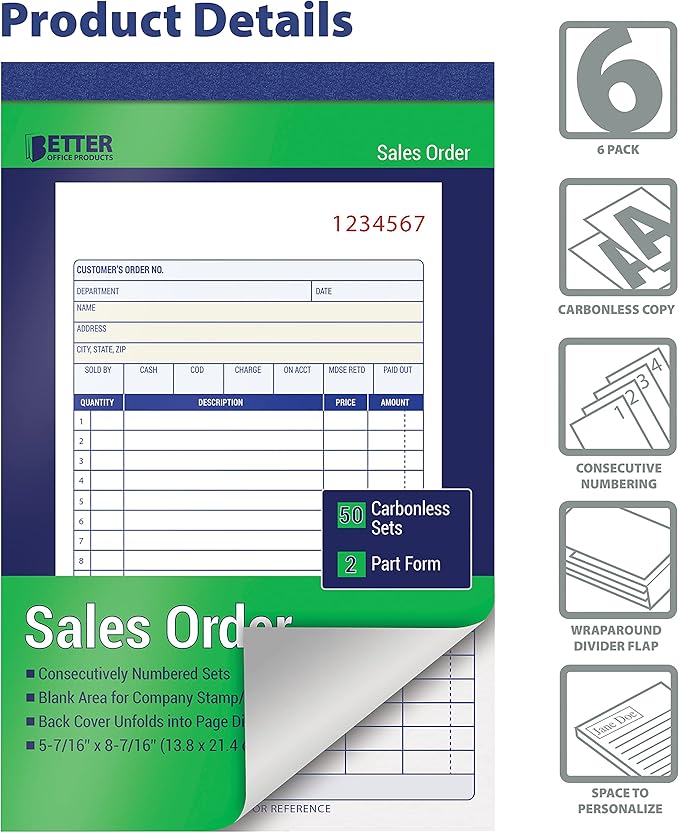 Better Office Products Large Sales Order Books, 6 Pack, 2-Part Carbonless (White/Canary Yellow), 5-7/16 x 8-7/16 inches, 50 Sets per Book, 300 Total Sets, 6 Books