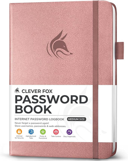 Clever Fox Password Book with Alphabetical tabs. Internet Address Organizer Logbook. Medium Password Keeper for Website Logins (Rose Gold)