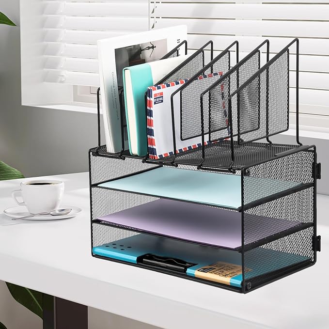 EASEPRES Desk Organizer Tray, 3 Tier Paper organizer with 5 Upright Section Desktop File Folder Sorter Holder for Mail Paper Document Letter Organization Storage