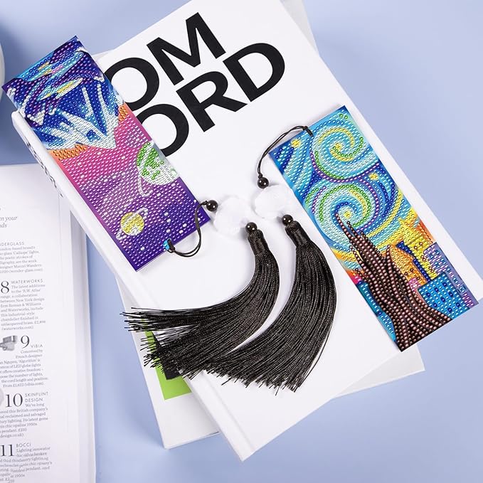 Anseal 3 Pcs 5D Diamond Bookmarks Painting for Adults, Starry Night PU Leather Diamond Art Kits for Adults, Tassel Beaded Book Mark for Graduation Birthday Reading Present