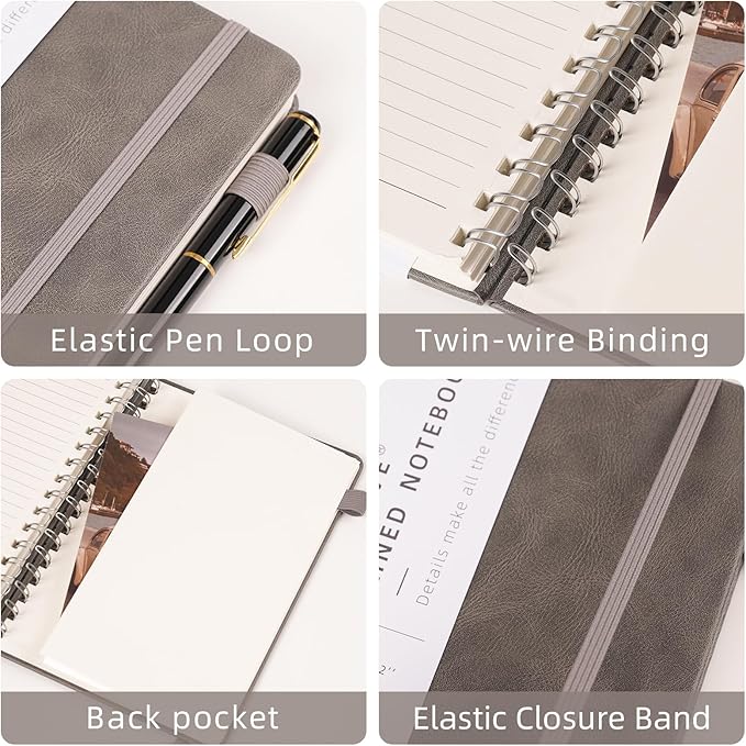 Lined Spiral Notebook Journal for Women Men 160 Pages A5 College Ruled Hardcover Leather with Pen Holder Notebook Journals for Note Taking Work Gray