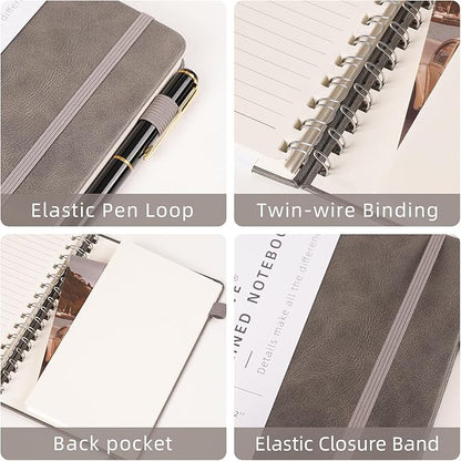 Lined Spiral Notebook Journal for Women Men 160 Pages A5 College Ruled Hardcover Leather with Pen Holder Notebook Journals for Note Taking Work Gray