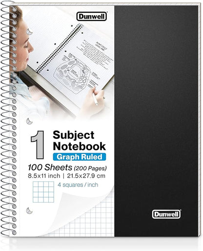 Dunwell Graph Paper Notebook 8.5 x 11 (Black) Plastic Cover, 100 Sheets (200 Pages), 4x4 Squares, 1 Subject Graph Paper Spiral Notebook, 1/4" Grid, Pocket Divider, Easy Tear-Off, 3-Hole Punched