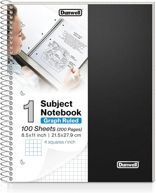 Dunwell Graph Paper Notebook 8.5 x 11 (Black) Plastic Cover, 100 Sheets (200 Pages), 4x4 Squares, 1 Subject Graph Paper Spiral Notebook, 1/4" Grid, Pocket Divider, Easy Tear-Off, 3-Hole Punched