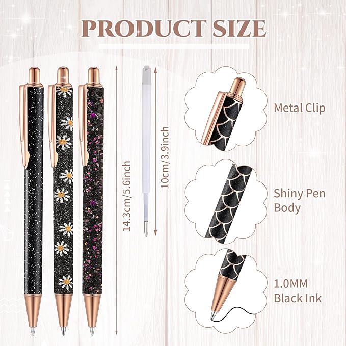 Sherr 7 Pcs Fancy Pens for Women Cute Sparkly Glitter Pens with 10 Pcs Black Ink Refills Pretty Gifts for Girls Office School Christmas Graduation(Black,Simple)