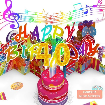 Gumry 40TH Musical Birthday PopUp Card, Blowable Colorful Light Candle 3D Cards with Song, Applause Cheers Sound, Greeting Cards Birthday Gifts Decorations for Women Men Turning 40 Years Old